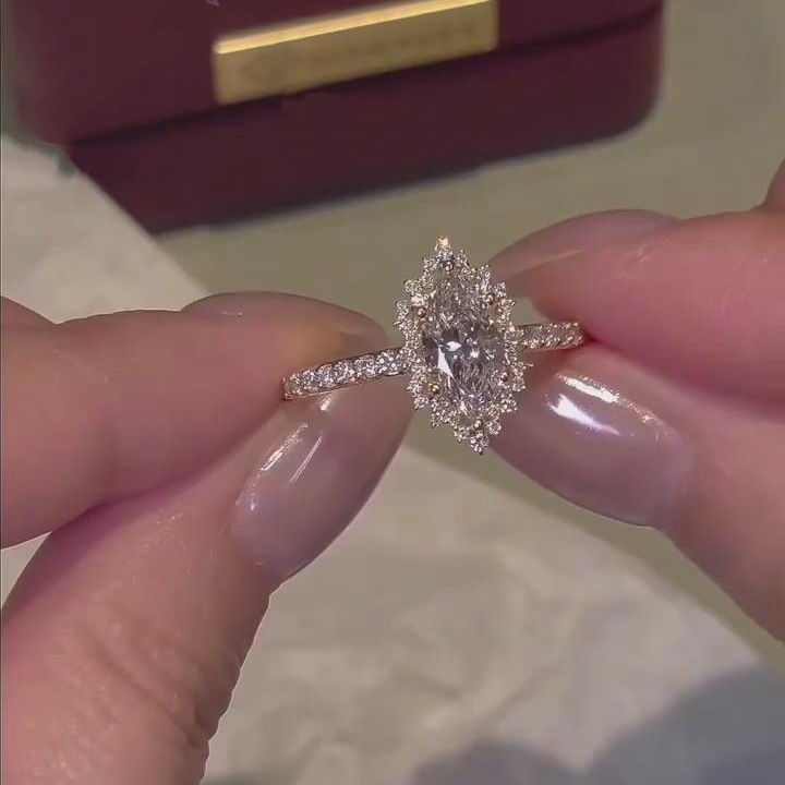 Marquise Cut Diamond White Sterling Silver Vintage Halo Engagement Ring