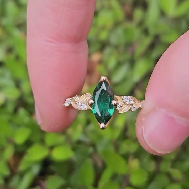 Marquise Cut Emerald Green Sterling Silver Yellow Gold Leaves Engagement Ring