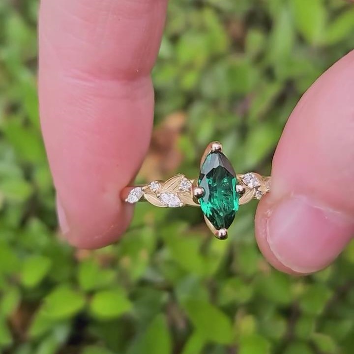 Marquise Cut Emerald Green Sterling Silver Yellow Gold Leaves Engagement Ring