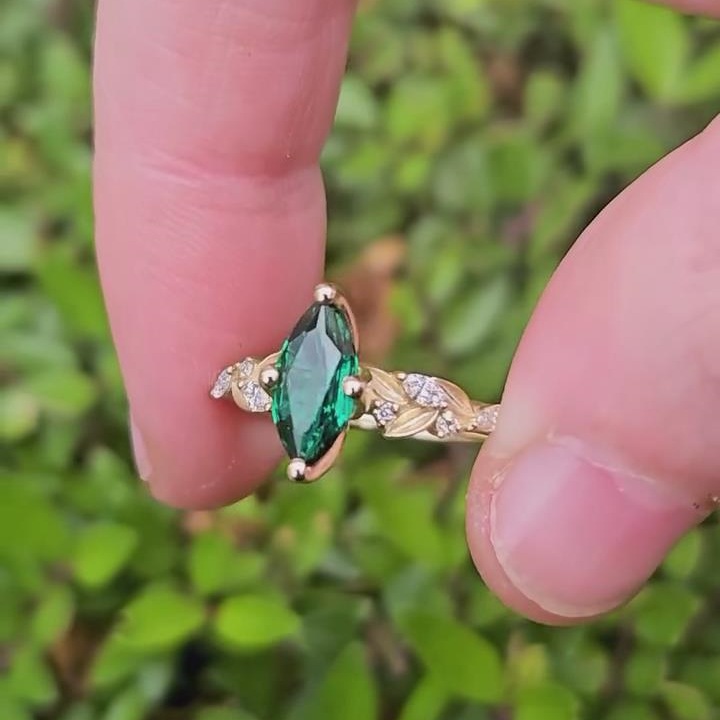 Marquise Cut Emerald Green Sterling Silver Yellow Gold Leaves Engagement Ring