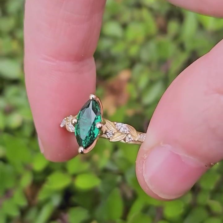 Marquise Cut Emerald Green Sterling Silver Yellow Gold Leaves Engagement Ring
