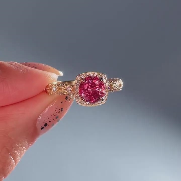 Round Cut Fancy Pink Sterling Silver Yellow Gold Vintage Cushion Engagement Ring