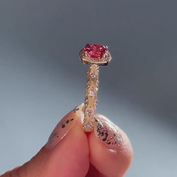 Round Cut Fancy Pink Sterling Silver Yellow Gold Vintage Cushion Engagement Ring