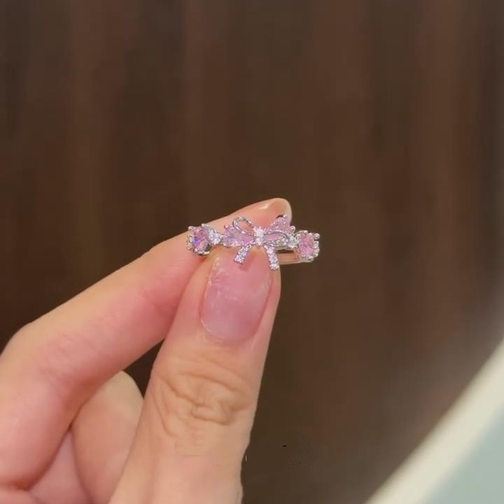 Pear Cut Fancy Pink Sterling Silver Rose Gold Bow Knot Romantic Engagement Ring