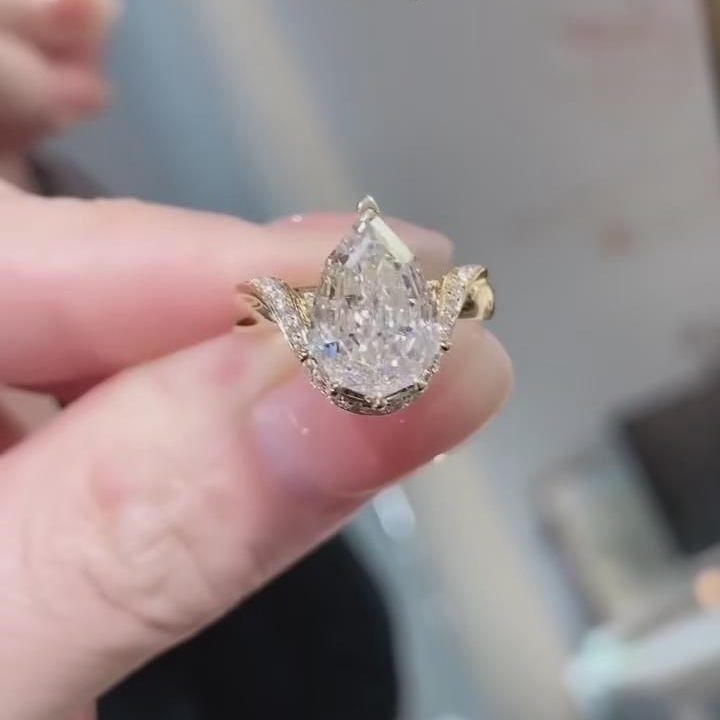 Elegant Pear Cut Diamond White Sterling Silver Yellow Gold Halo Engagement Ring