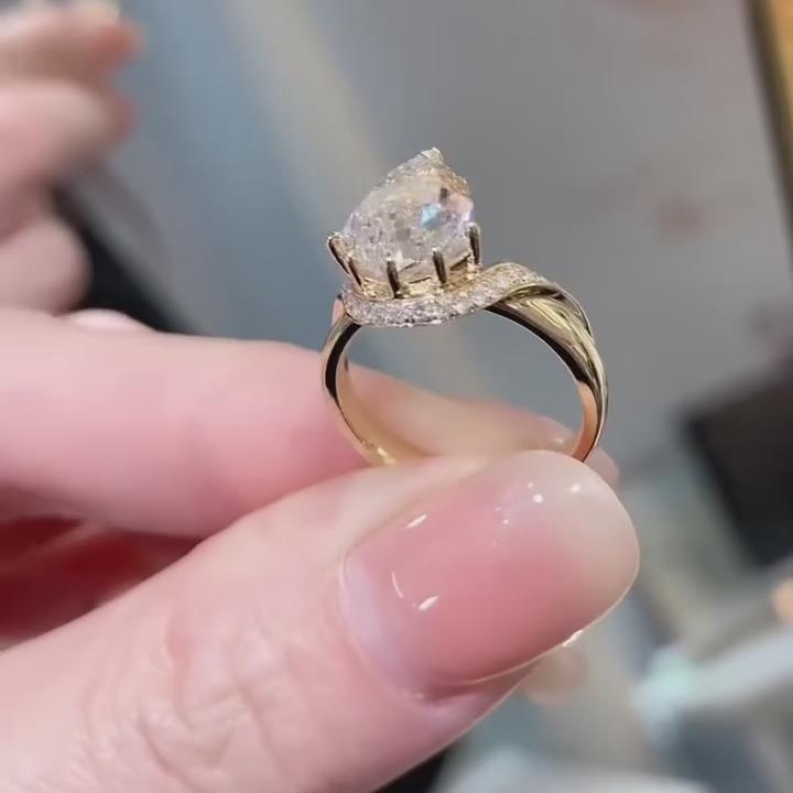 Elegant Pear Cut Diamond White Sterling Silver Yellow Gold Halo Engagement Ring