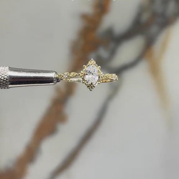Oval Cut Diamond White Sterling Silver Yellow Gold Vintage Engagement Ring