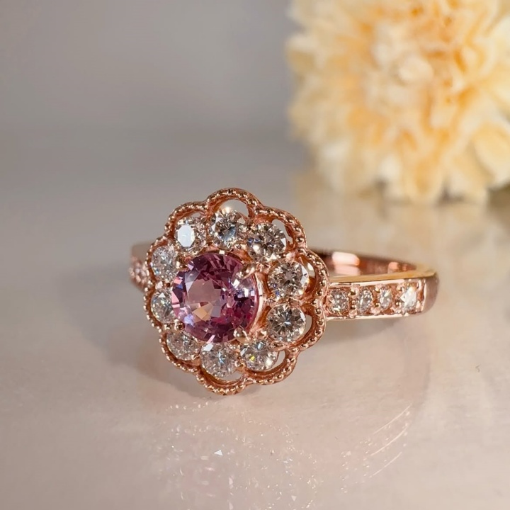 Round Cut Fancy Pink Sterling Silver Rose Gold Flower Halo Engagement Ring