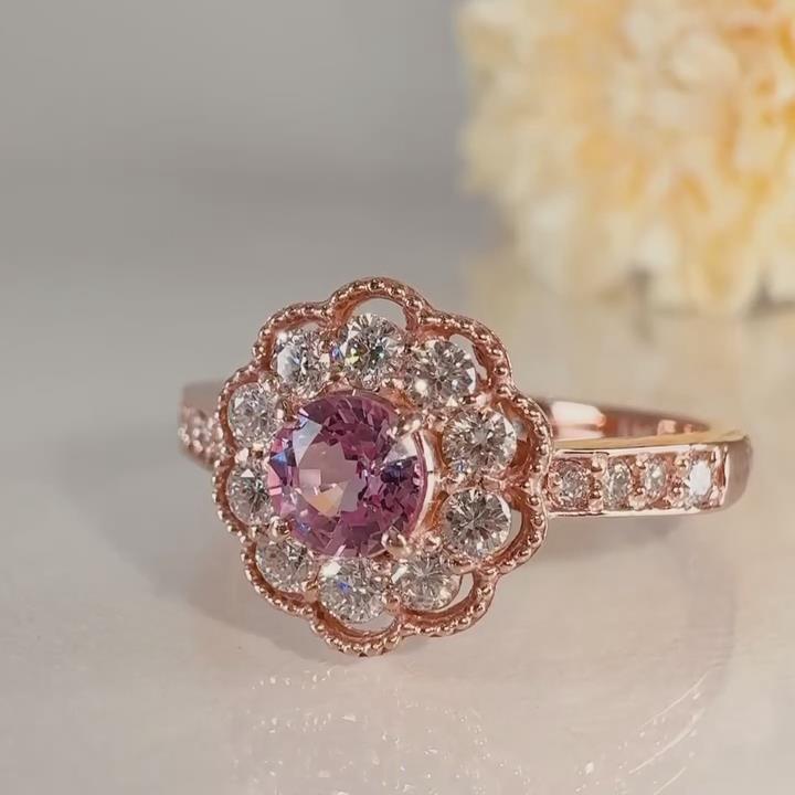 Round Cut Fancy Pink Sterling Silver Rose Gold Flower Halo Engagement Ring