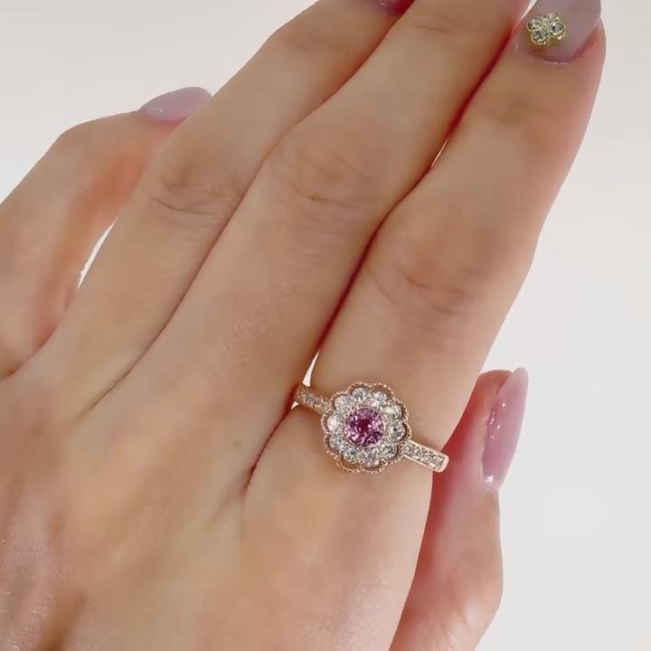Round Cut Fancy Pink Sterling Silver Rose Gold Flower Halo Engagement Ring