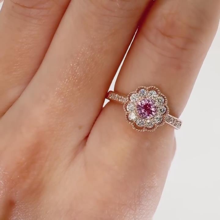 Round Cut Fancy Pink Sterling Silver Rose Gold Flower Halo Engagement Ring