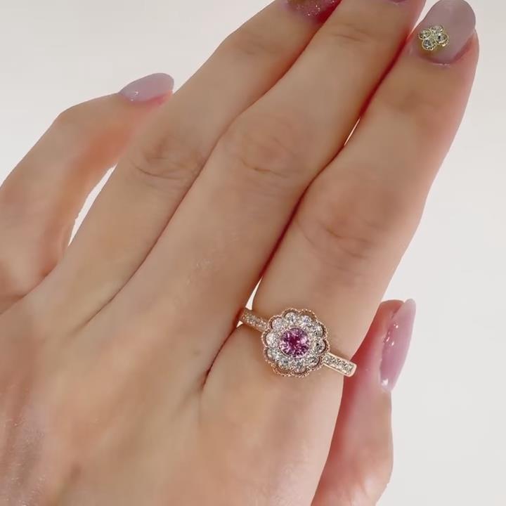 Round Cut Fancy Pink Sterling Silver Rose Gold Flower Halo Engagement Ring
