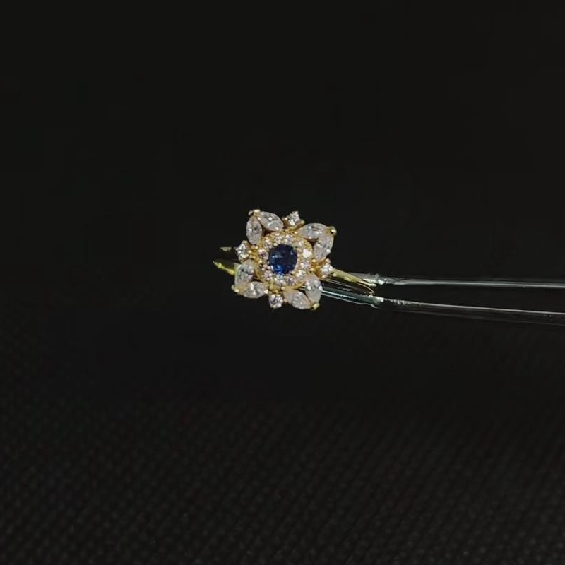 Round Cut Sapphire Blue Sterling Silver Yellow Gold Floral Halo Engagement Ring