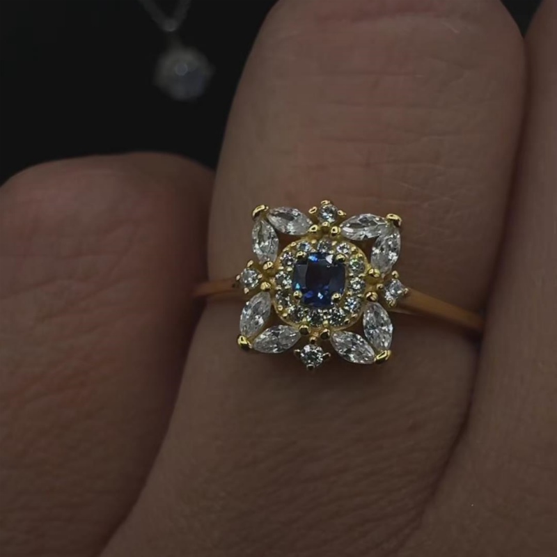 Round Cut Sapphire Blue Sterling Silver Yellow Gold Floral Halo Engagement Ring