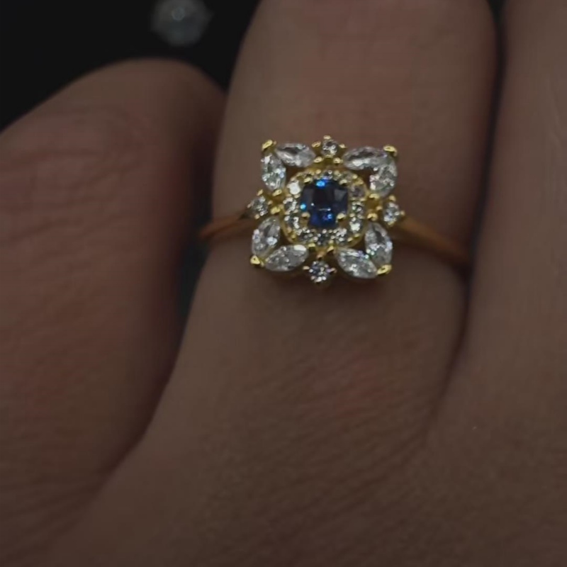 Round Cut Sapphire Blue Sterling Silver Yellow Gold Floral Halo Engagement Ring