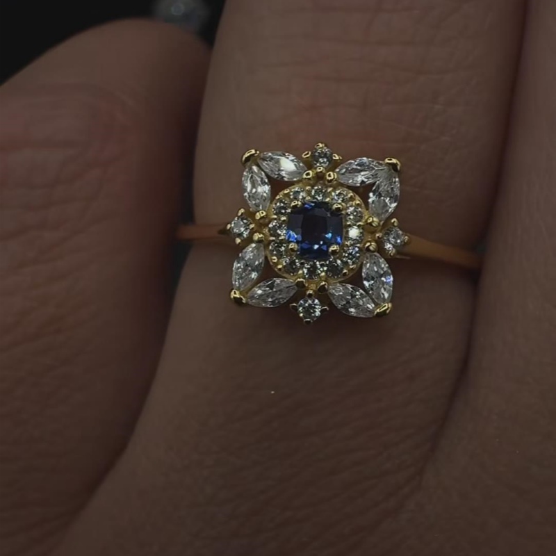 Round Cut Sapphire Blue Sterling Silver Yellow Gold Floral Halo Engagement Ring