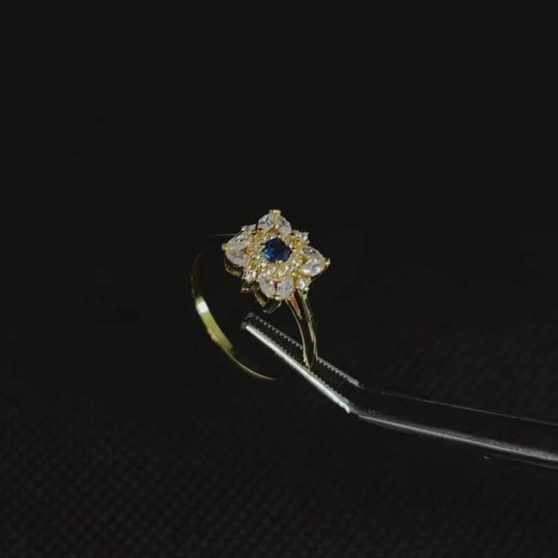 Round Cut Sapphire Blue Sterling Silver Yellow Gold Floral Halo Engagement Ring