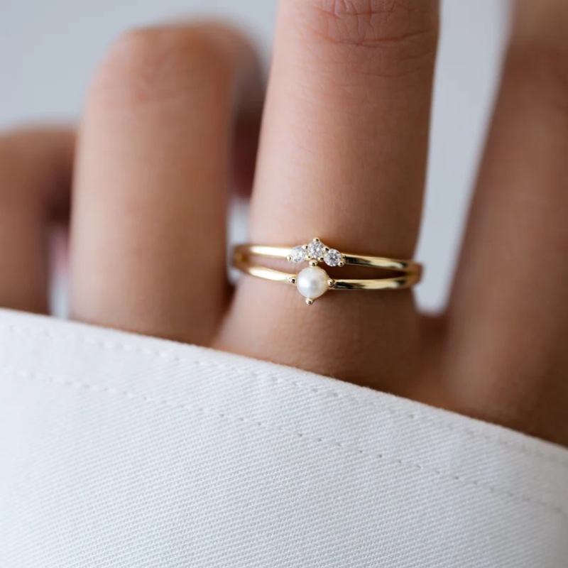Round Cut Diamond White Sterling Silver Pearl Engagement Ring