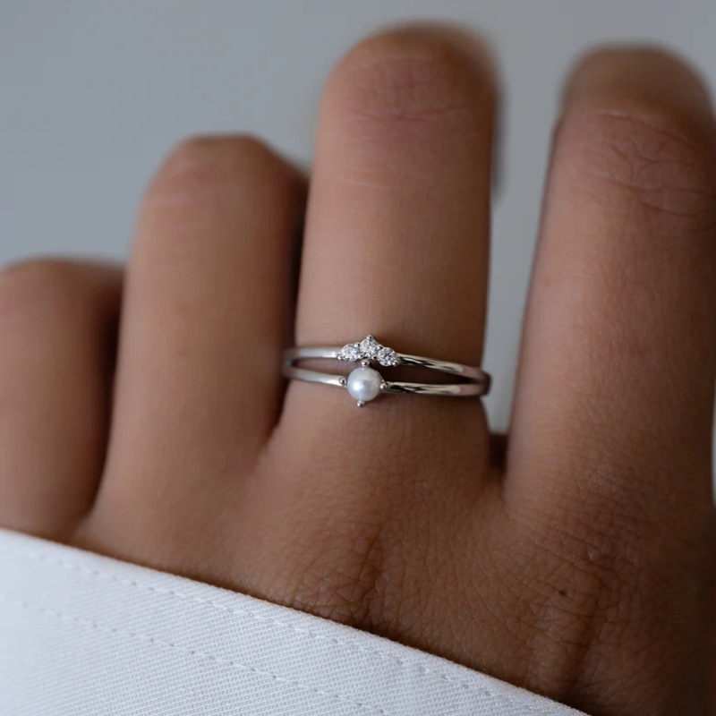 Round Cut Diamond White Sterling Silver Pearl Engagement Ring