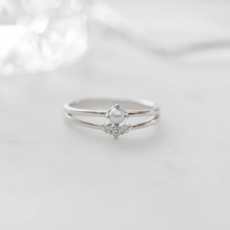Round Cut Diamond White Sterling Silver Pearl Engagement Ring