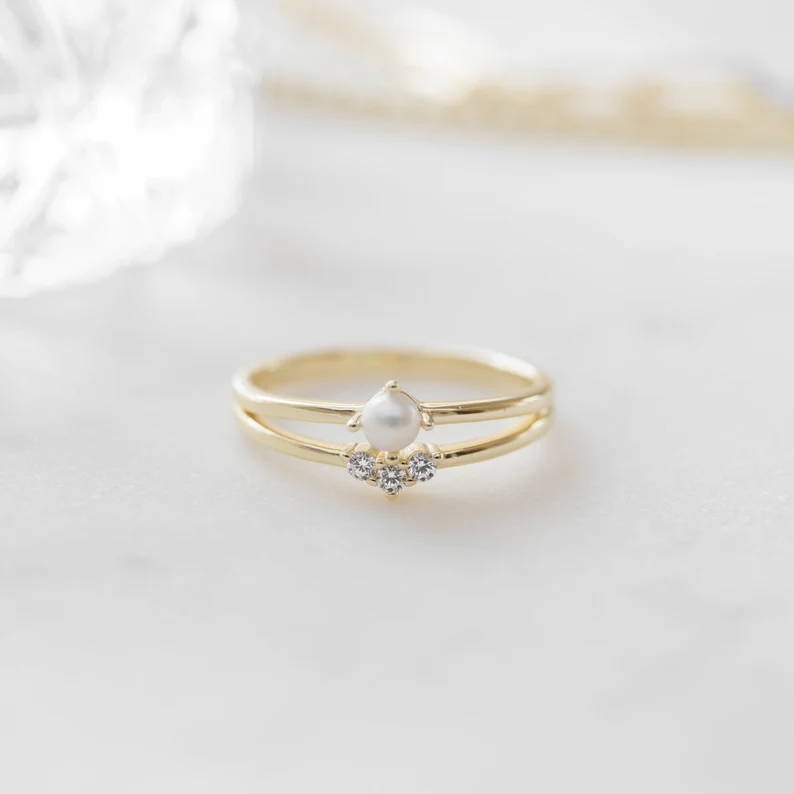 Round Cut Diamond White Sterling Silver Pearl Engagement Ring