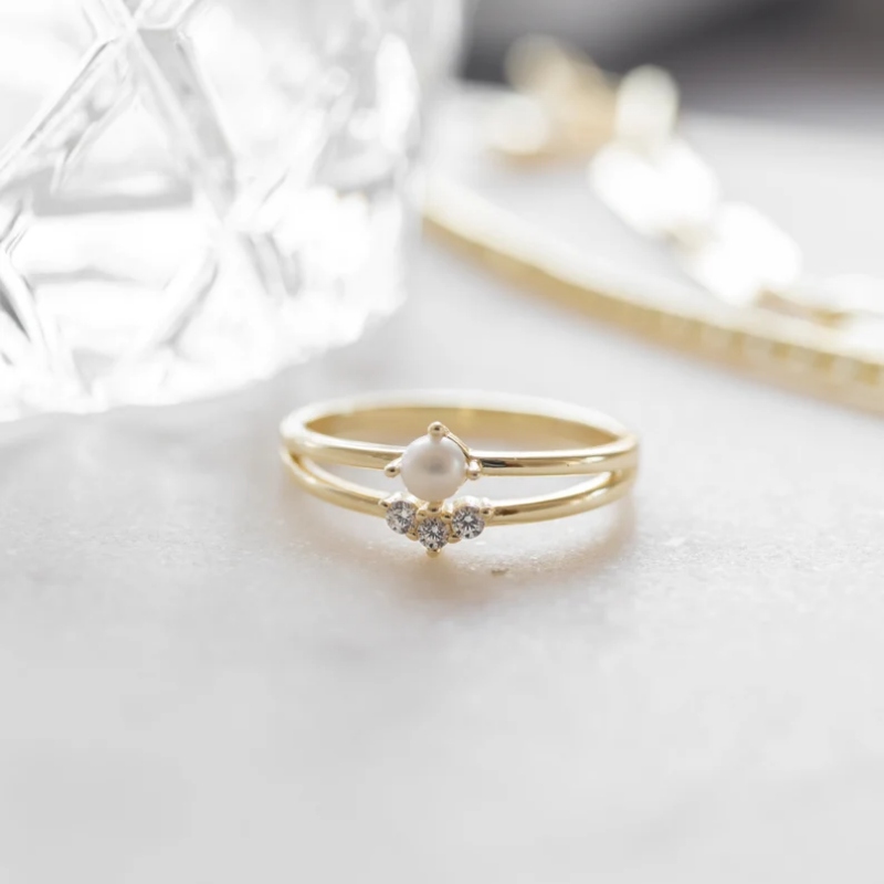 Round Cut Diamond White Sterling Silver Pearl Engagement Ring