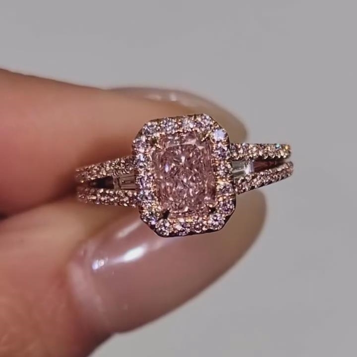 Radiant Cut Fancy Pink Sterling Silver Rose Gold Halo Engagement Ring
