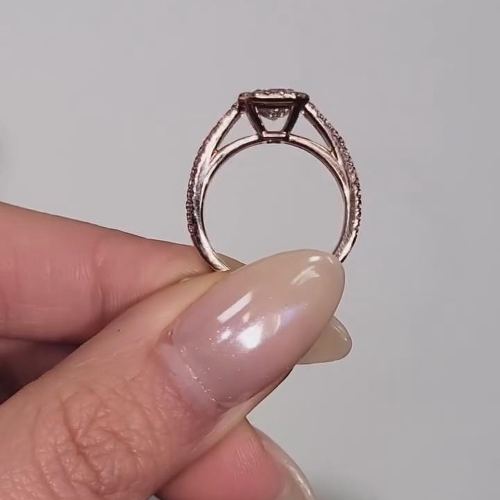 Radiant Cut Fancy Pink Sterling Silver Rose Gold Halo Engagement Ring