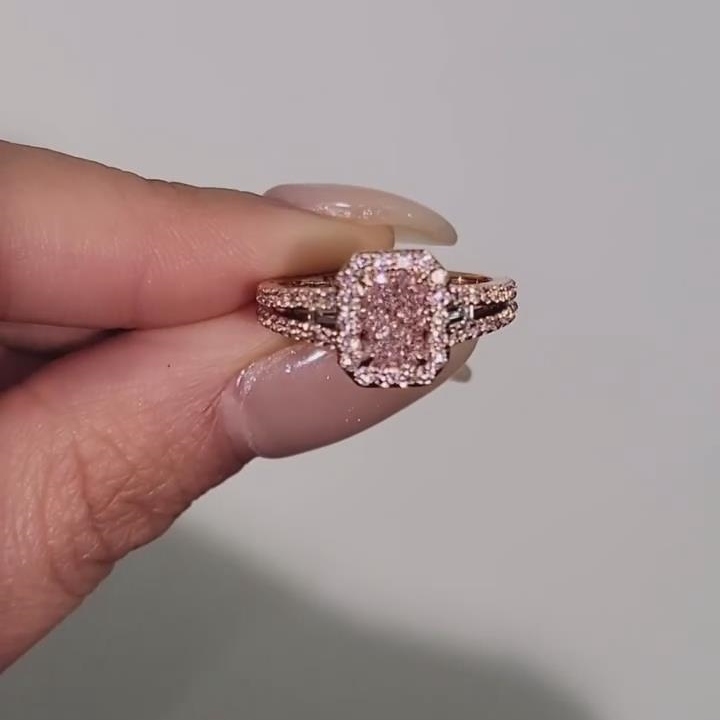 Radiant Cut Fancy Pink Sterling Silver Rose Gold Halo Engagement Ring