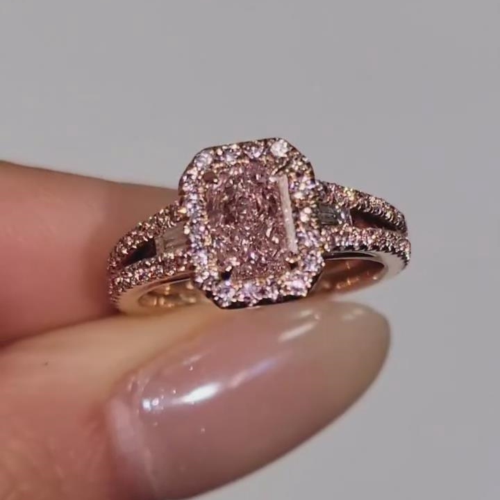 Radiant Cut Fancy Pink Sterling Silver Rose Gold Halo Engagement Ring