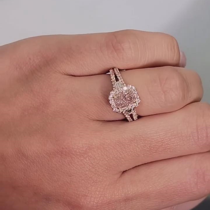 Radiant Cut Fancy Pink Sterling Silver Rose Gold Halo Engagement Ring