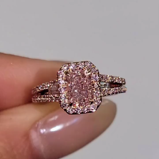 Radiant Cut Fancy Pink Sterling Silver Rose Gold Halo Engagement Ring