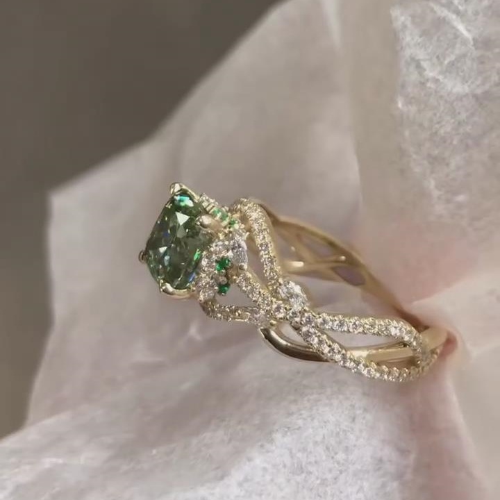 Cushion Cut Emerald Green Sterling Silver Yellow Gold Twisted Engagement Ring