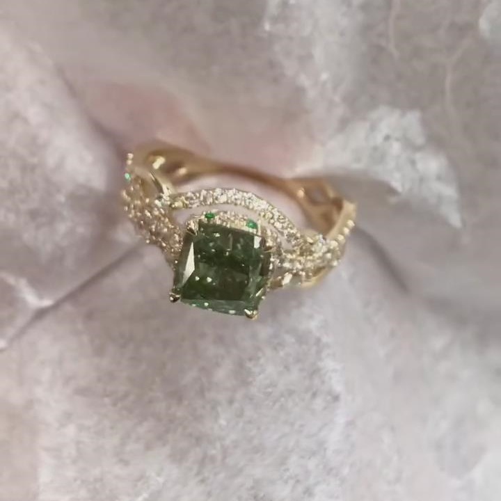 Cushion Cut Emerald Green Sterling Silver Yellow Gold Twisted Engagement Ring