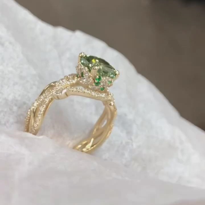 Cushion Cut Emerald Green Sterling Silver Yellow Gold Twisted Engagement Ring