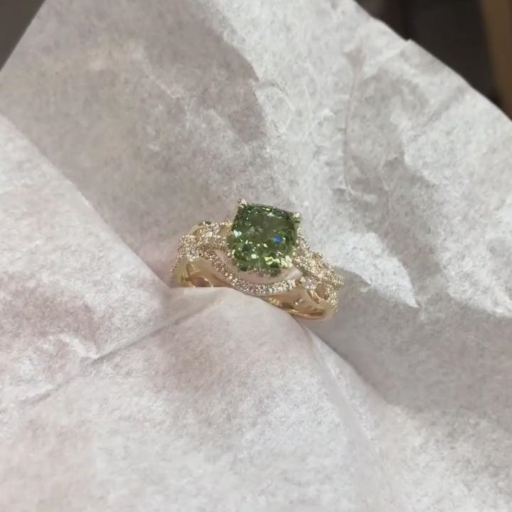 Cushion Cut Emerald Green Sterling Silver Yellow Gold Twisted Engagement Ring
