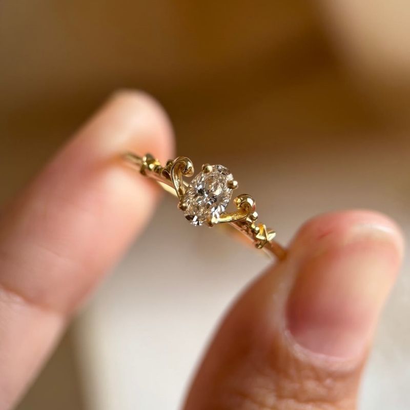 Oval Cut Diamond White Sterling Silver Yellow Gold Curved Engagement Ring