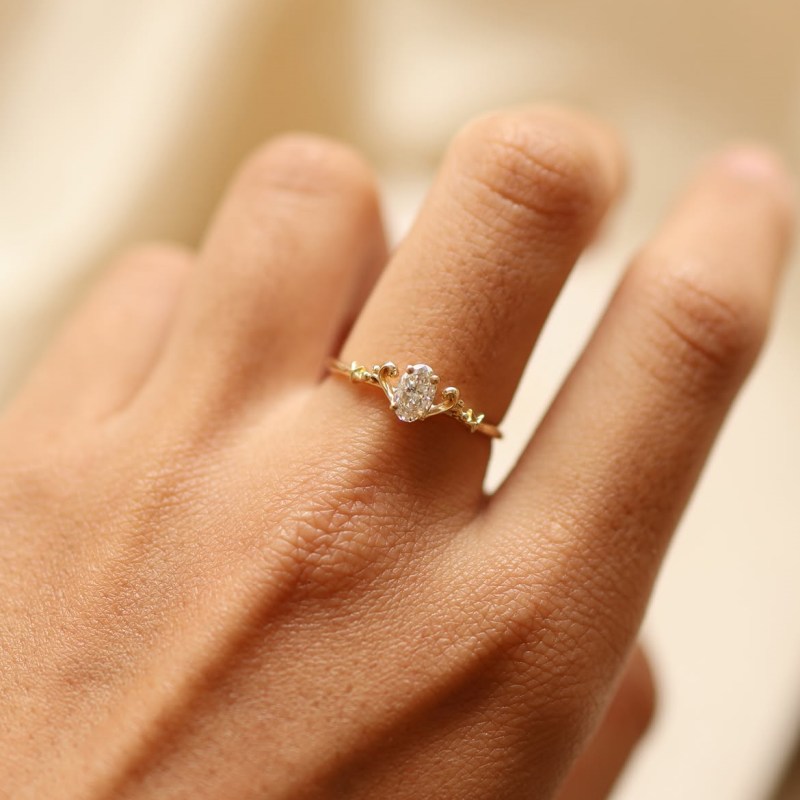 Oval Cut Diamond White Sterling Silver Yellow Gold Curved Engagement Ring