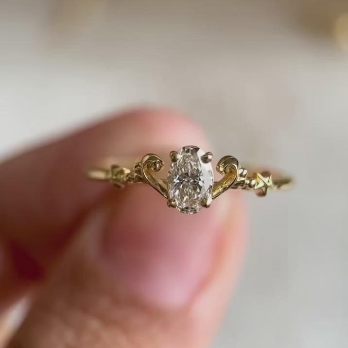 Oval Cut Diamond White Sterling Silver Yellow Gold Curved Engagement Ring
