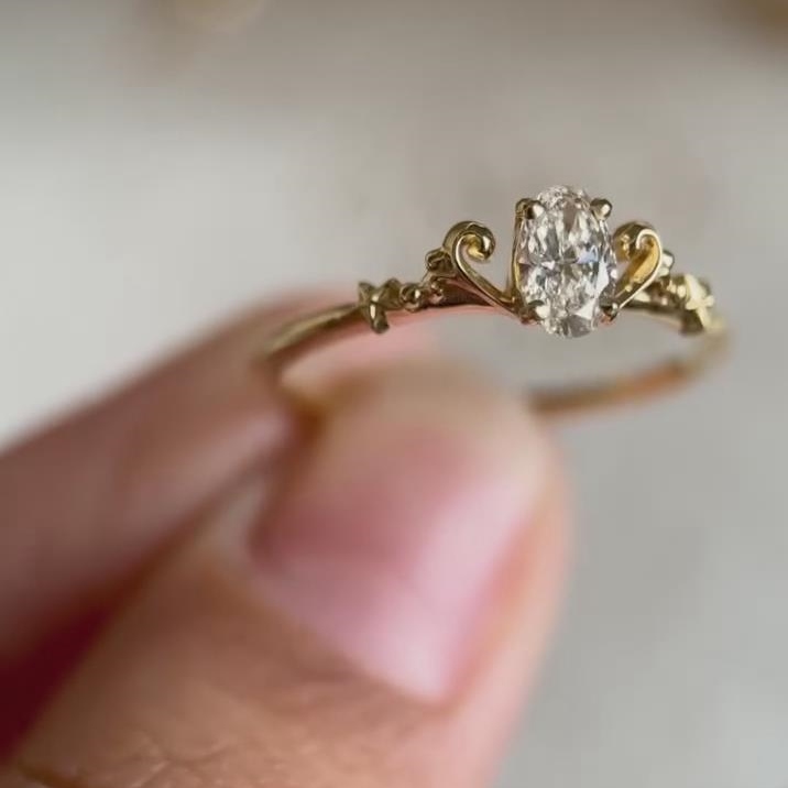 Oval Cut Diamond White Sterling Silver Yellow Gold Curved Engagement Ring