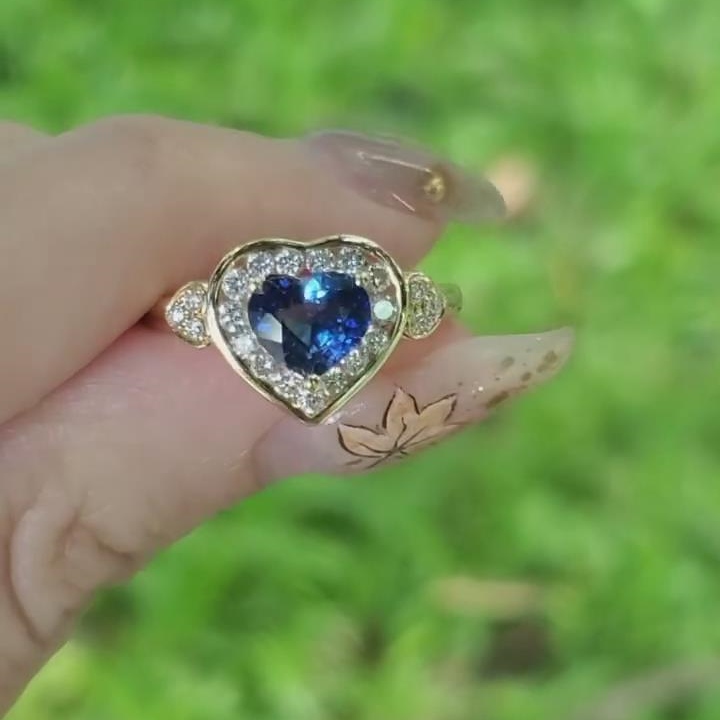 Heart Cut Sapphire Blue 925 Sterling Silver Yellow Gold Halo Engagement Ring