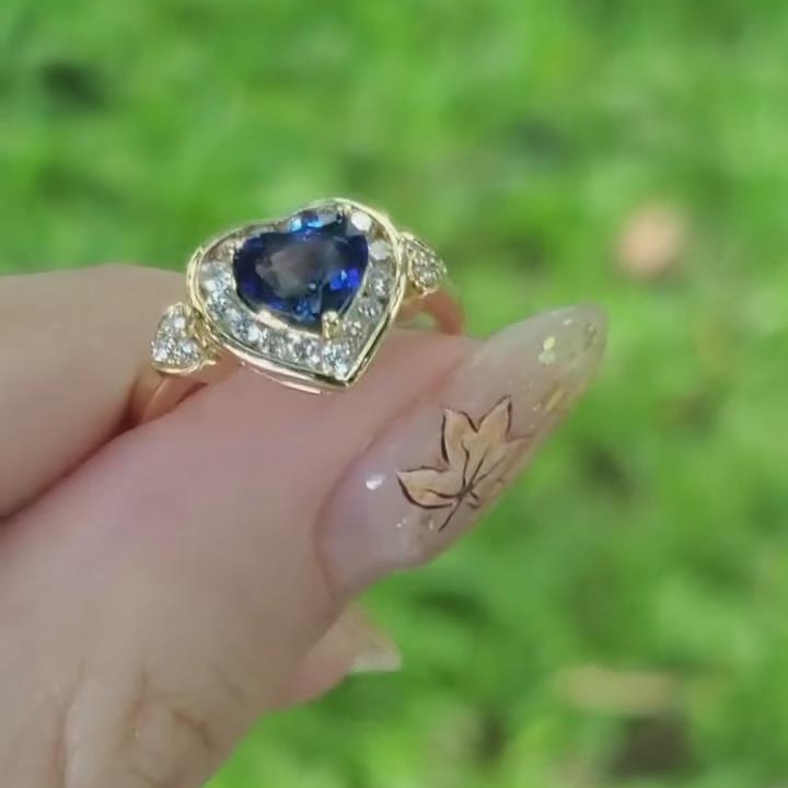 Heart Cut Sapphire Blue 925 Sterling Silver Yellow Gold Halo Engagement Ring