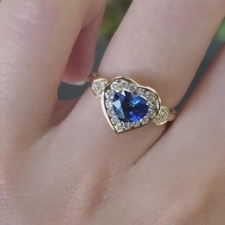 Heart Cut Sapphire Blue 925 Sterling Silver Yellow Gold Halo Engagement Ring
