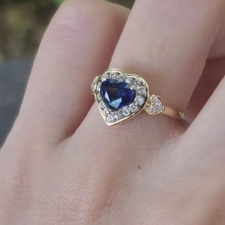Heart Cut Sapphire Blue 925 Sterling Silver Yellow Gold Halo Engagement Ring
