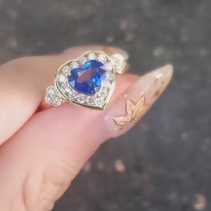 Heart Cut Sapphire Blue 925 Sterling Silver Yellow Gold Halo Engagement Ring