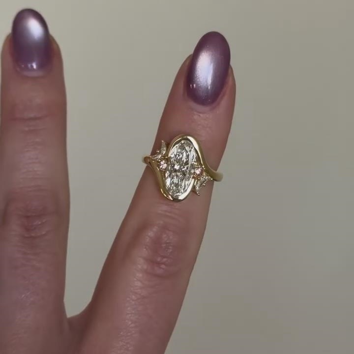 Oval Cut Diamond White Sterling Silver Yellow Gold Moon Engagement Ring