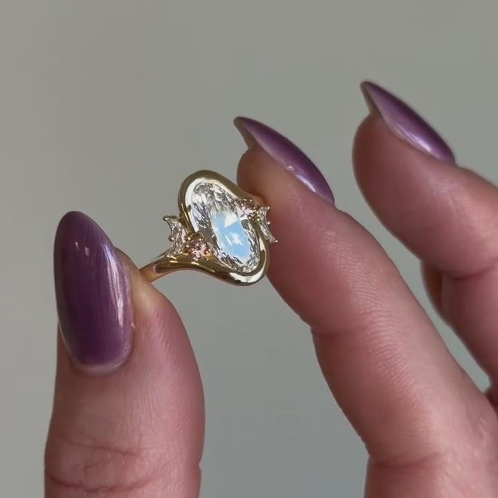 Oval Cut Diamond White Sterling Silver Yellow Gold Moon Engagement Ring