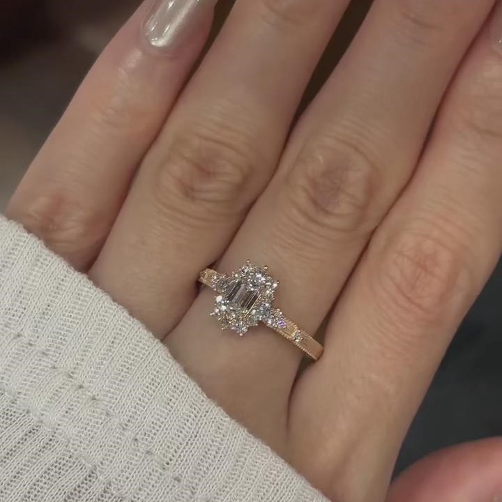 Vintage Emerald Cut Diamond White 925 Sterling Silver Yellow Gold Halo Engagement Ring