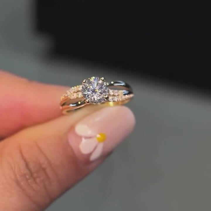 Round Cut Diamond White Sterling Silver Yellow Gold Twisted Engagement Ring