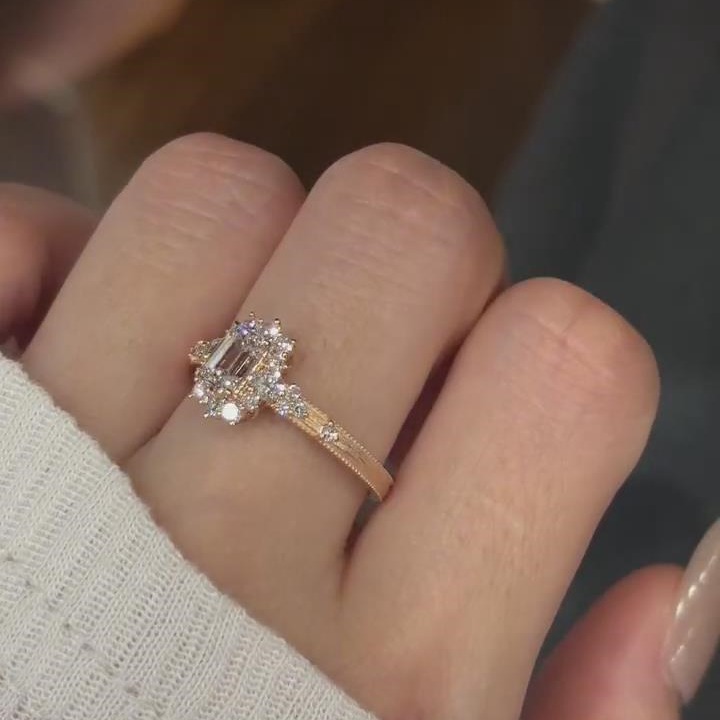 Vintage Emerald Cut Diamond White 925 Sterling Silver Yellow Gold Halo Engagement Ring